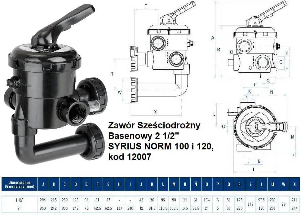 Zawór Sześciodrożny Basenowy 2 1/2"  SYRIUS NORM 100 i 120 12007 wymiary